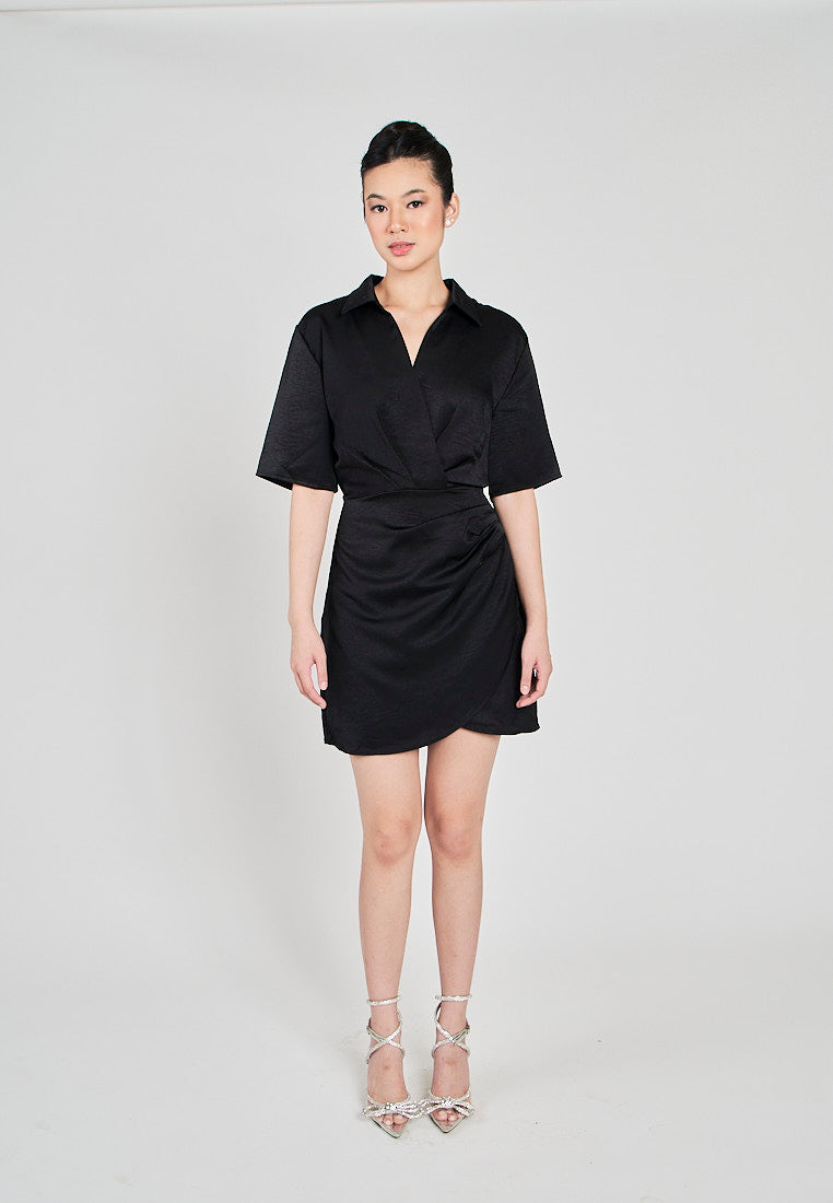 Krizle Black Turn Down Collar V Neck Overlap Short Sleeves Ruched Side Mini Dress