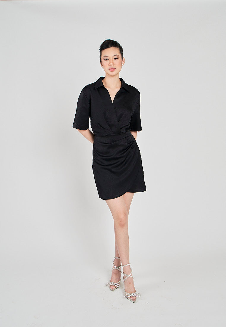 Krizle Black Turn Down Collar V Neck Overlap Short Sleeves Ruched Side Mini Dress