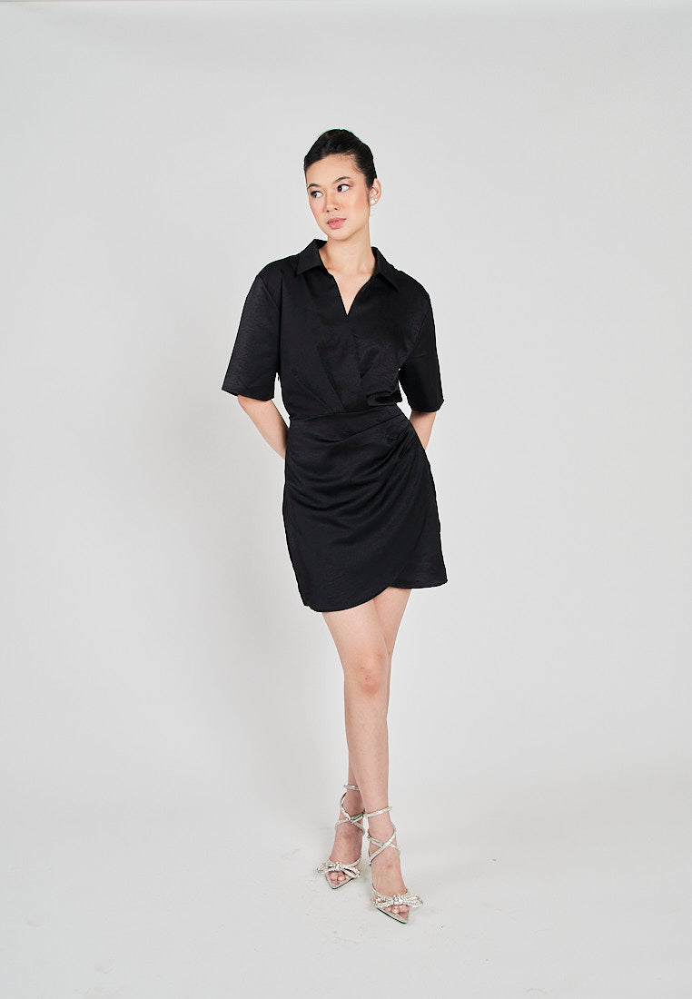 Krizle Black Turn Down Collar V Neck Overlap Short Sleeves Ruched Side Mini Dress
