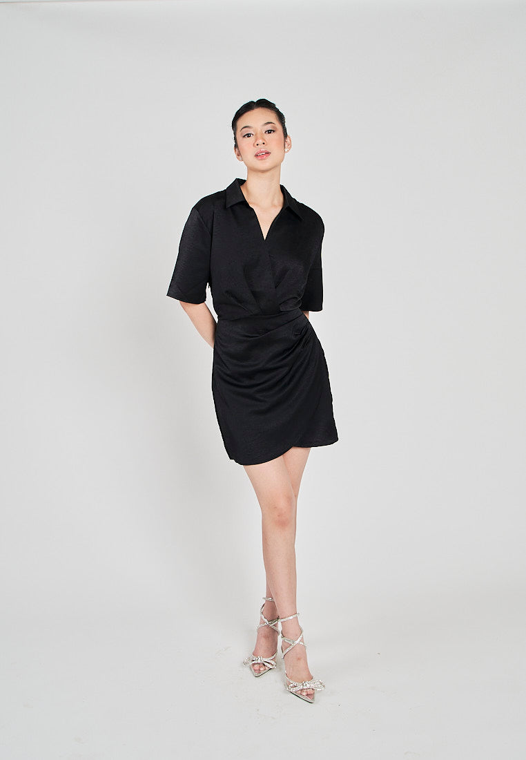 Krizle Black Turn Down Collar V Neck Overlap Short Sleeves Ruched Side Mini Dress