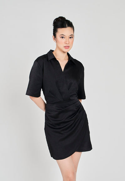 Krizle Black Turn Down Collar V Neck Overlap Short Sleeves Ruched Side Mini Dress