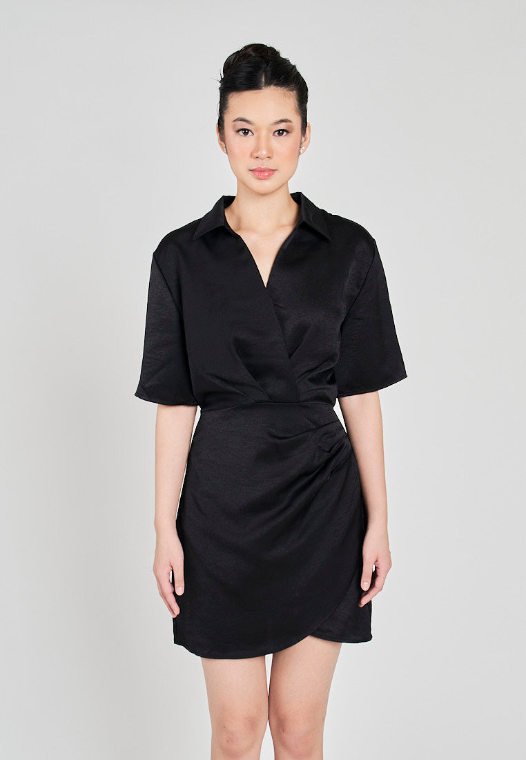 Krizle Black Turn Down Collar V Neck Overlap Short Sleeves Ruched Side Mini Dress