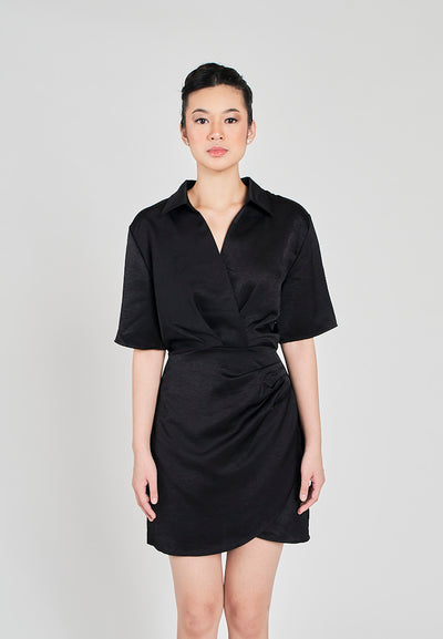 Krizle Black Turn Down Collar V Neck Overlap Short Sleeves Ruched Side Mini Dress