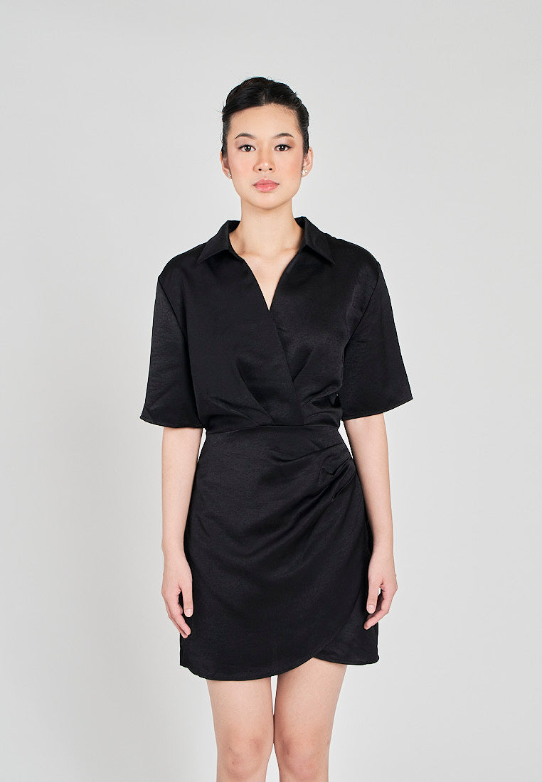 Krizle Black Turn Down Collar V Neck Overlap Short Sleeves Ruched Side Mini Dress