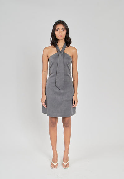 Fiora Grey Halter Front Tie Sexy Back Zipper Sleeveless Mini Dress