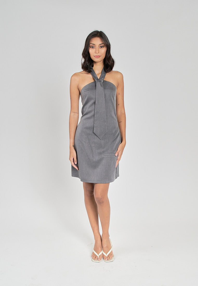 Fiora Grey Halter Front Tie Sexy Back Zipper Sleeveless Mini Dress