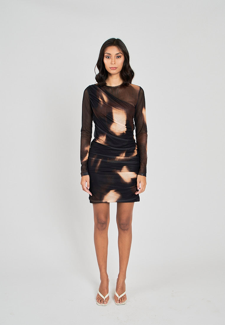 Tinsley Black and Brown Abstract Print Crew Neckline Long Sleeve Mini Dress