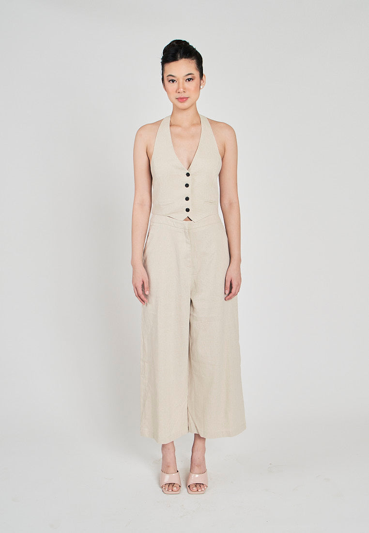 Kierr Beige V Neck Buttons Up Hollow out back with Side Pockets Jumpsuit