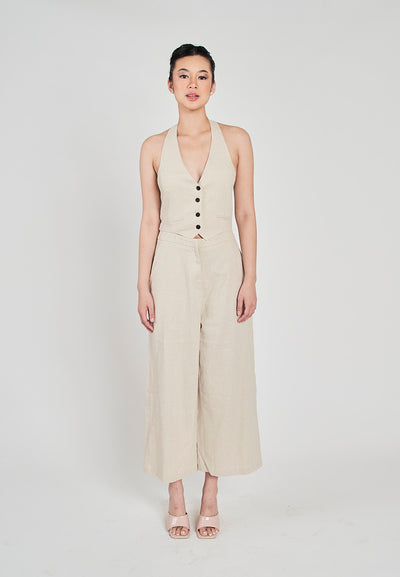 Kierr Beige V Neck Buttons Up Hollow out back with Side Pockets Jumpsuit