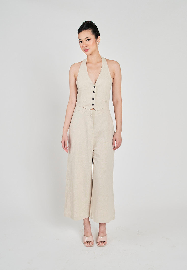 Kierr Beige V Neck Buttons Up Hollow out back with Side Pockets Jumpsuit