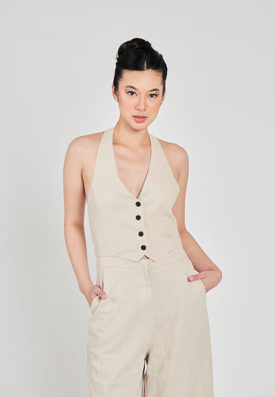 Kierr Beige V Neck Buttons Up Hollow out back with Side Pockets Jumpsuit