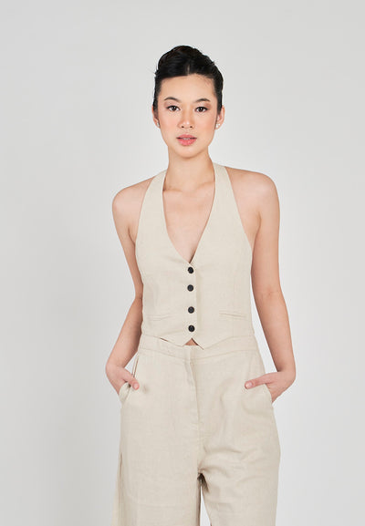 Kierr Beige V Neck Buttons Up Hollow out back with Side Pockets Jumpsuit