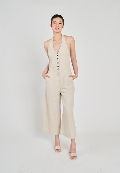 Kierr Beige V Neck Buttons Up Hollow out back with Side Pockets Jumpsuit