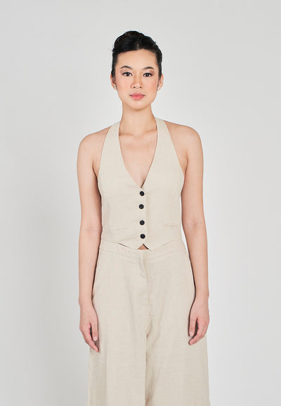 Kierr Beige V Neck Buttons Up Hollow out back with Side Pockets Jumpsuit