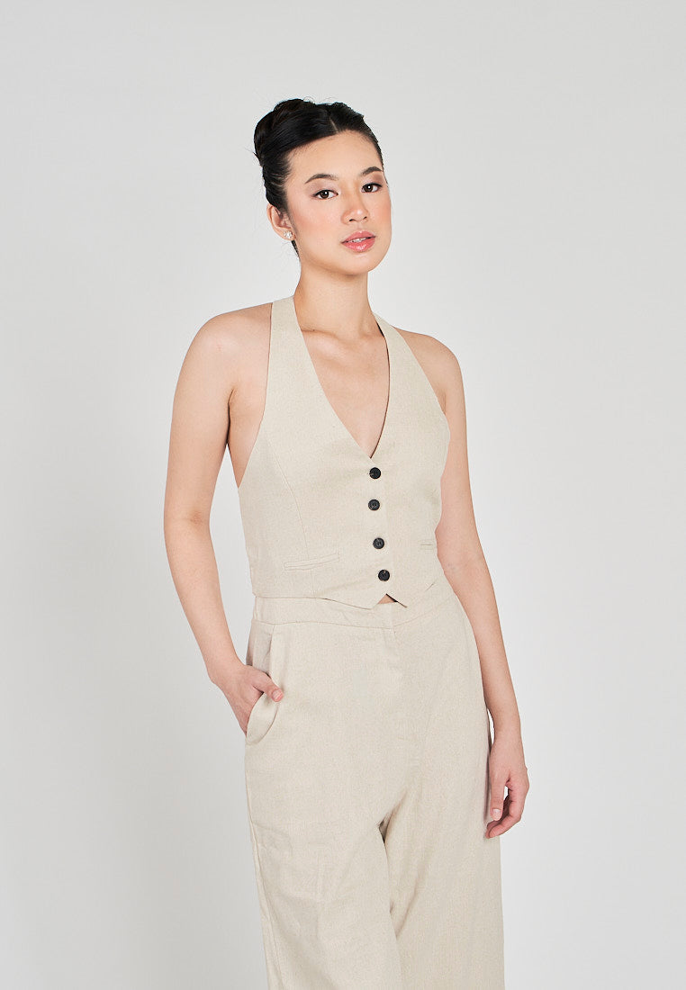 Kierr Beige V Neck Buttons Up Hollow out back with Side Pockets Jumpsuit