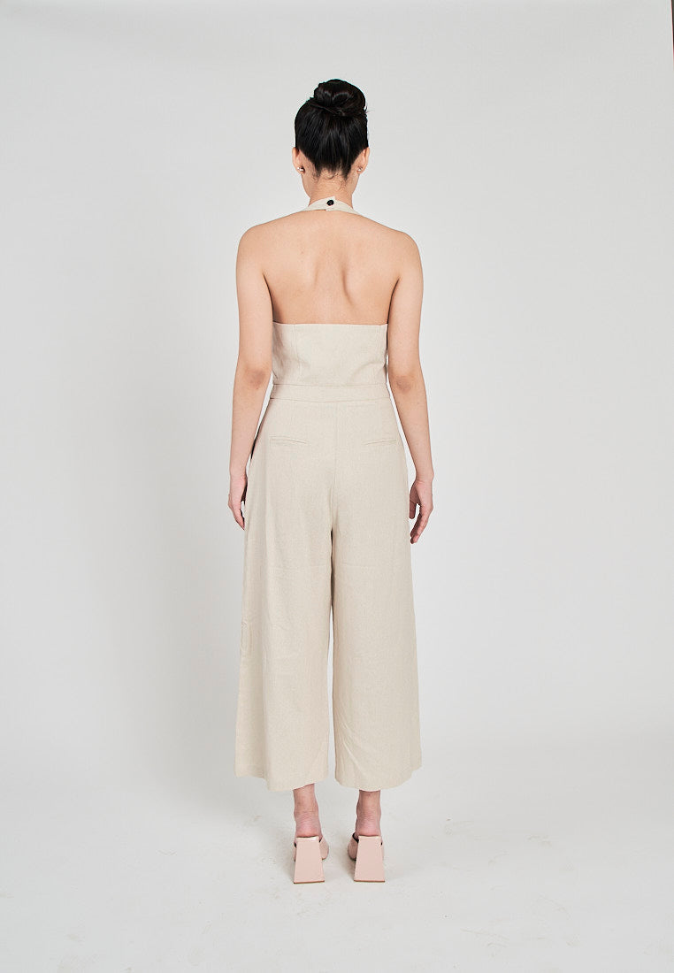 Kierr Beige V Neck Buttons Up Hollow out back with Side Pockets Jumpsuit