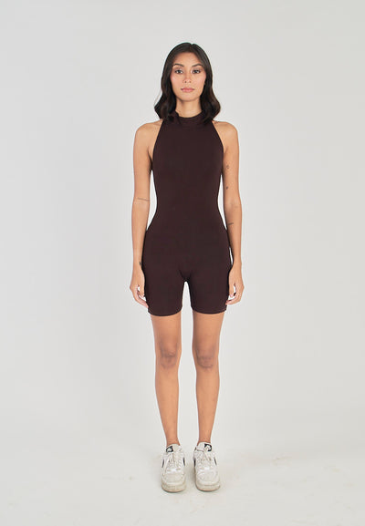 Coreen Brown Turtle Neckline Back Zipper Sleeveless Romper