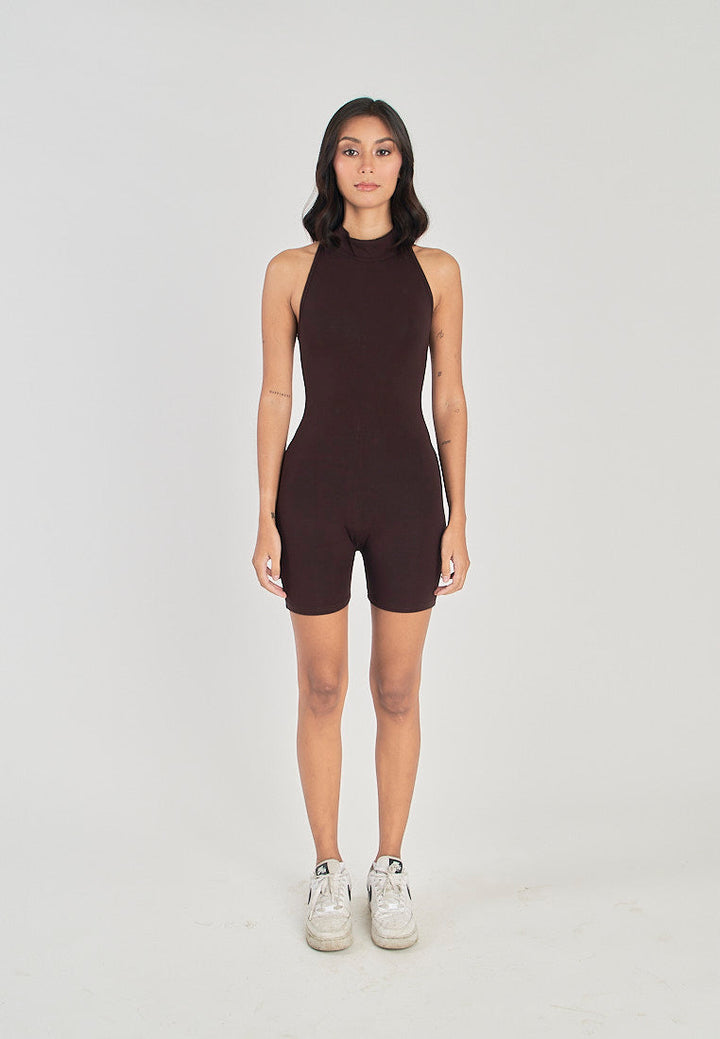 Coreen Brown Turtle Neckline Back Zipper Sleeveless Romper