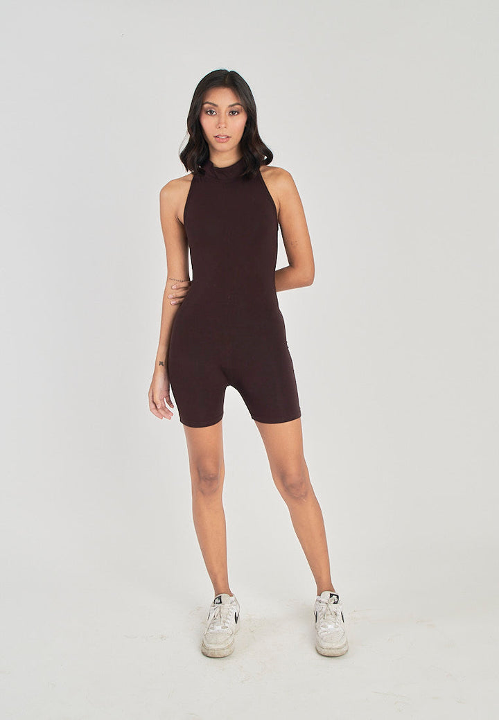 Coreen Brown Turtle Neckline Back Zipper Sleeveless Romper