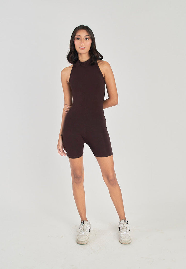 Coreen Brown Turtle Neckline Back Zipper Sleeveless Romper