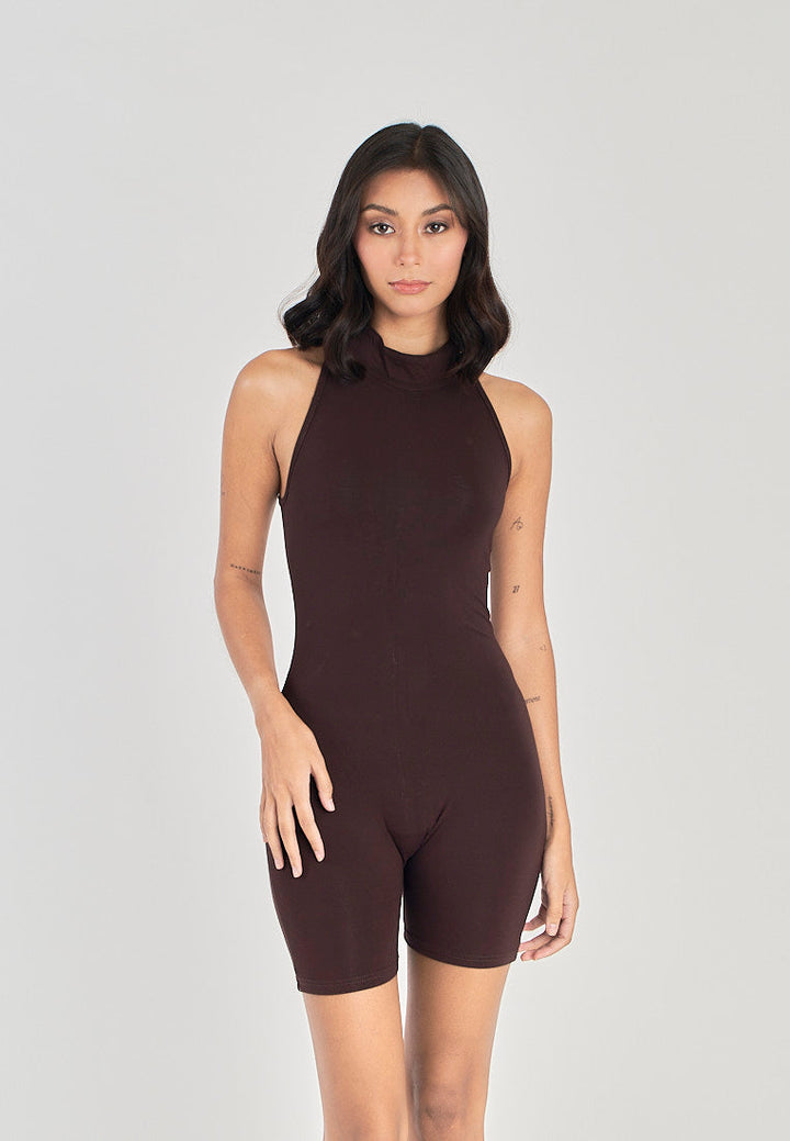 Coreen Brown Turtle Neckline Back Zipper Sleeveless Romper