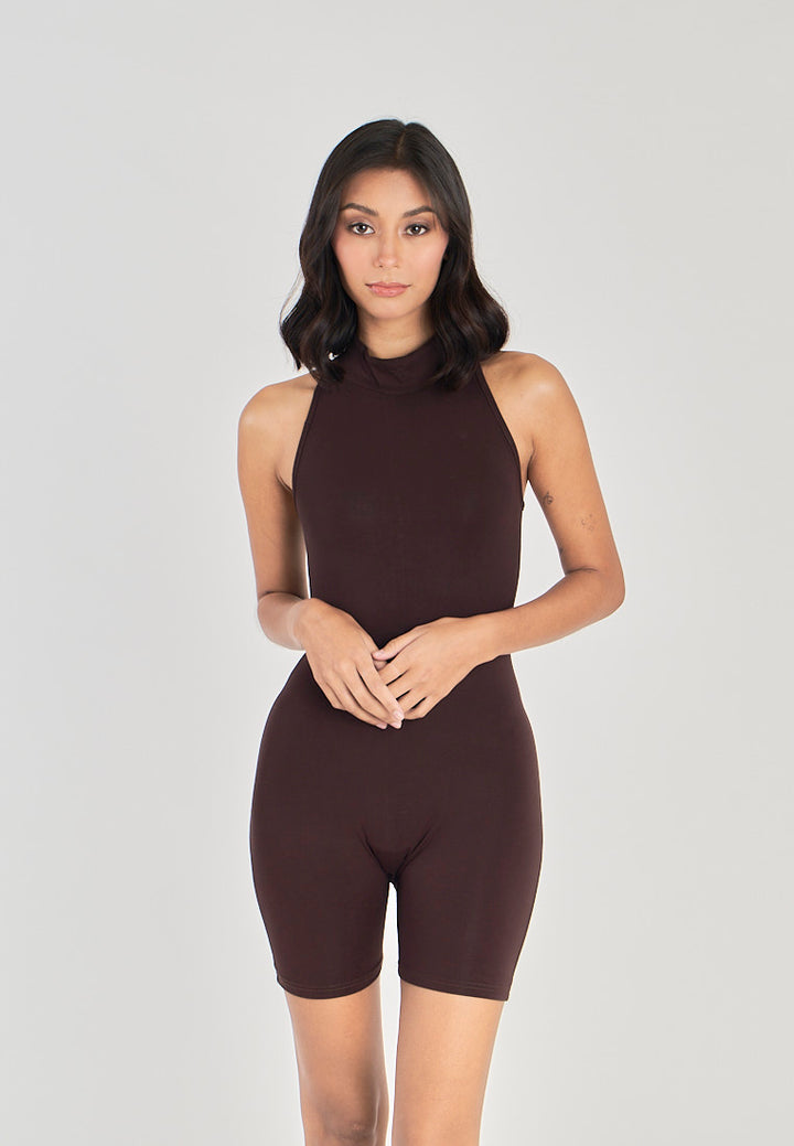 Coreen Brown Turtle Neckline Back Zipper Sleeveless Romper
