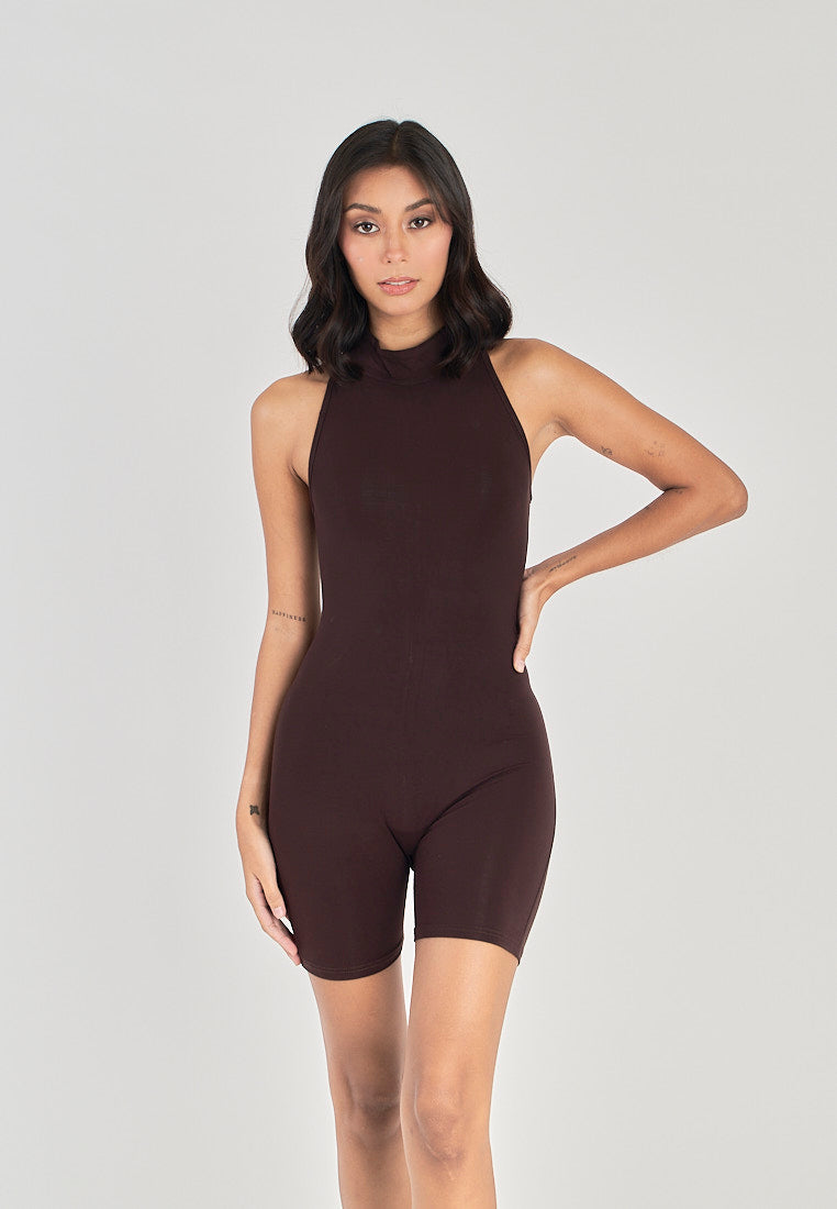Coreen Brown Turtle Neckline Back Zipper Sleeveless Romper