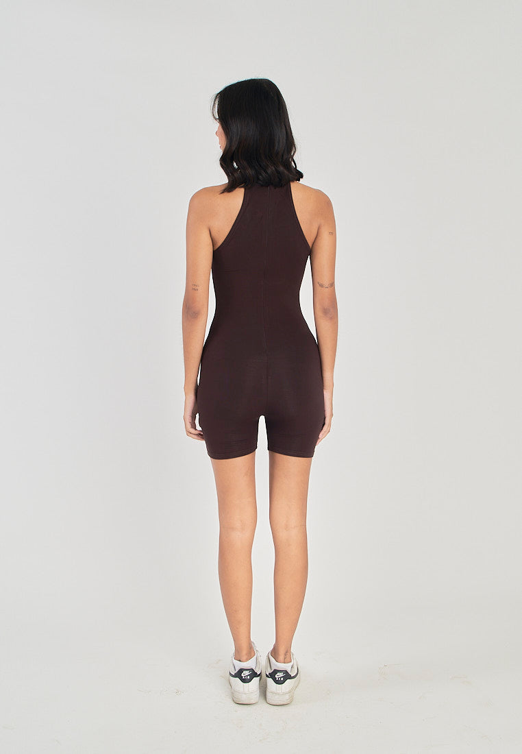 Coreen Brown Turtle Neckline Back Zipper Sleeveless Romper
