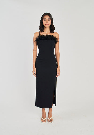 Kiran Black Classic Furr Neckline Side Slit Thin Strap Midi Dress