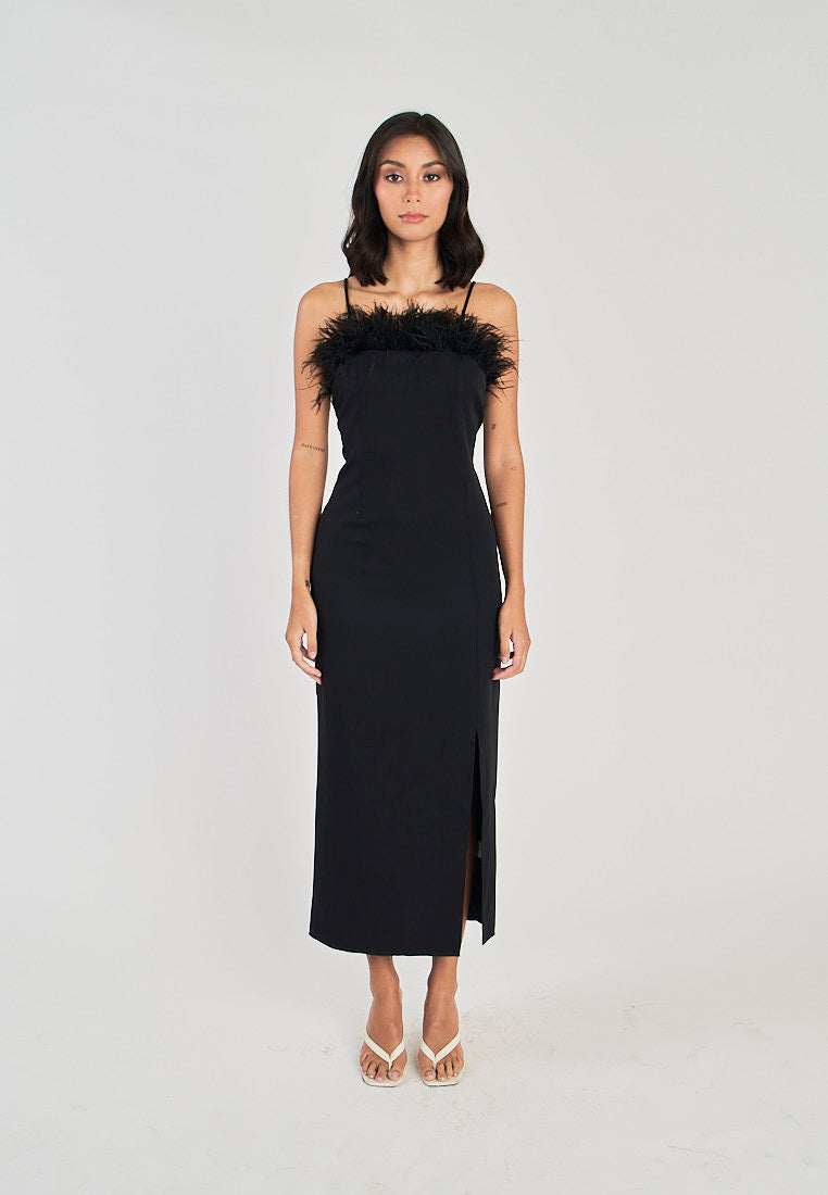 Kiran Black Classic Furr Neckline Side Slit Thin Strap Midi Dress