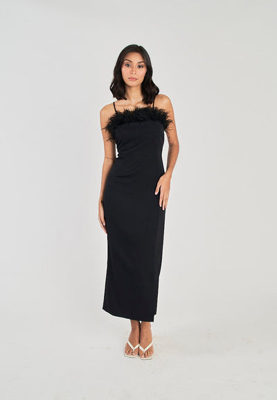 Kiran Black Classic Furr Neckline Side Slit Thin Strap Midi Dress