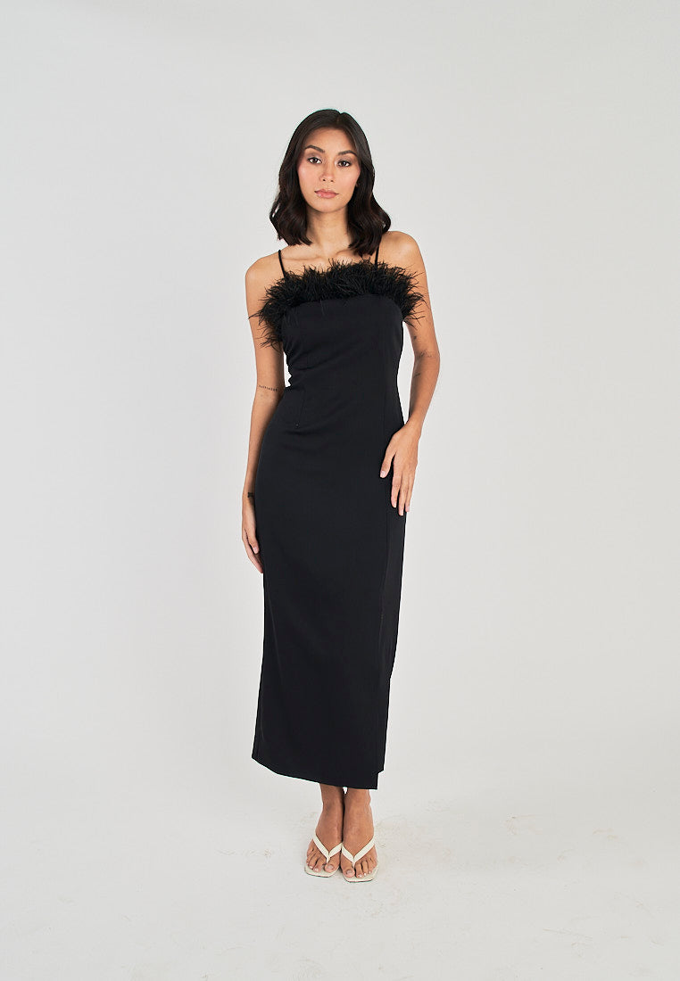 Kiran Black Classic Furr Neckline Side Slit Thin Strap Midi Dress