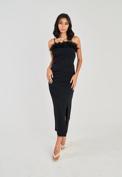 Kiran Black Classic Furr Neckline Side Slit Thin Strap Midi Dress