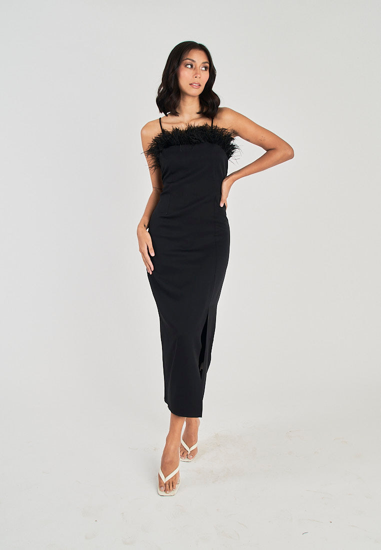 Kiran Black Classic Furr Neckline Side Slit Thin Strap Midi Dress