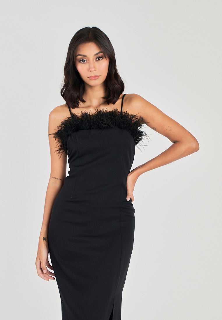 Kiran Black Classic Furr Neckline Side Slit Thin Strap Midi Dress