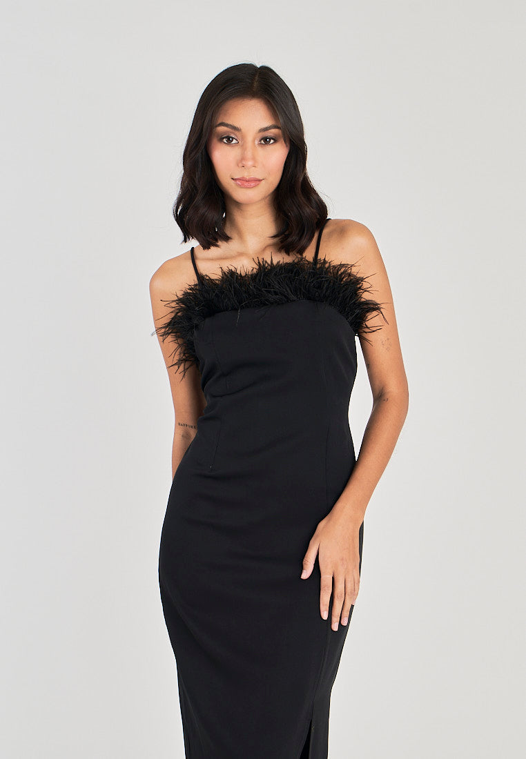 Kiran Black Classic Furr Neckline Side Slit Thin Strap Midi Dress