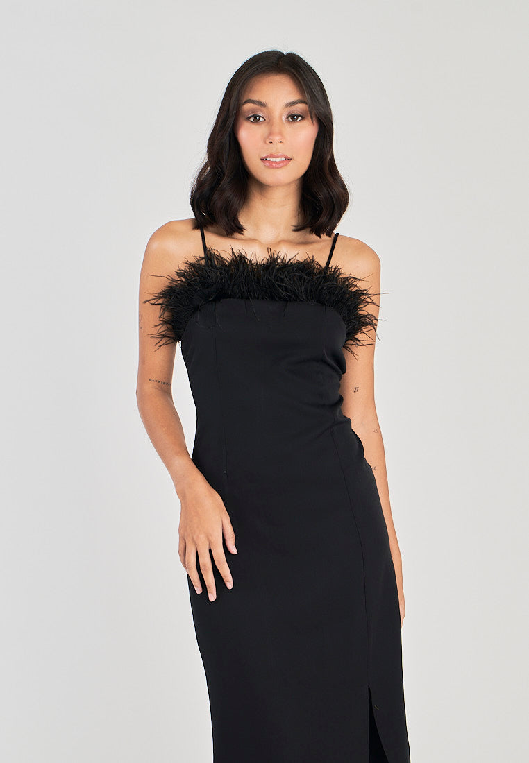Kiran Black Classic Furr Neckline Side Slit Thin Strap Midi Dress