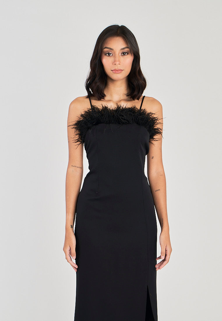 Kiran Black Classic Furr Neckline Side Slit Thin Strap Midi Dress