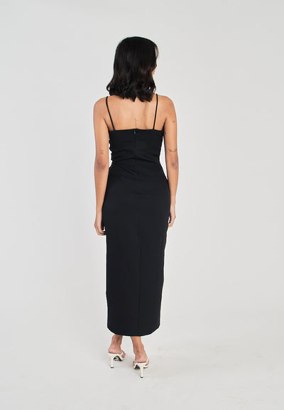 Kiran Black Classic Furr Neckline Side Slit Thin Strap Midi Dress