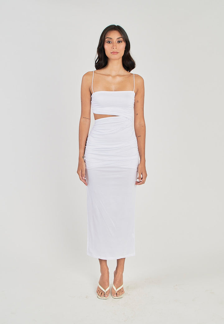 Perri White Asymmetrical neckline Single Waist Cut Bodycon Sleeveless Midi dress