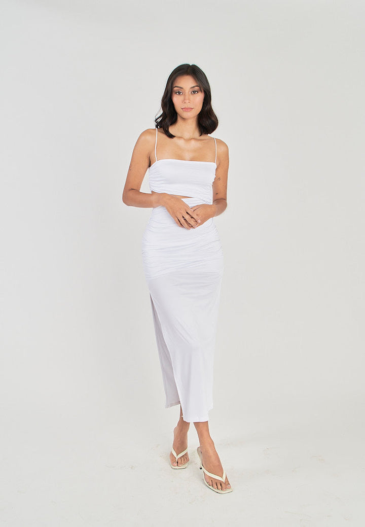 Perri White Asymmetrical neckline Single Waist Cut Bodycon Sleeveless Midi dress