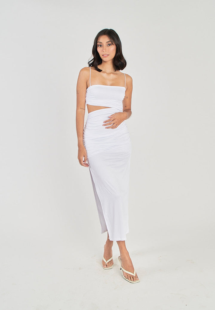 Perri White Asymmetrical neckline Single Waist Cut Bodycon Sleeveless Midi dress