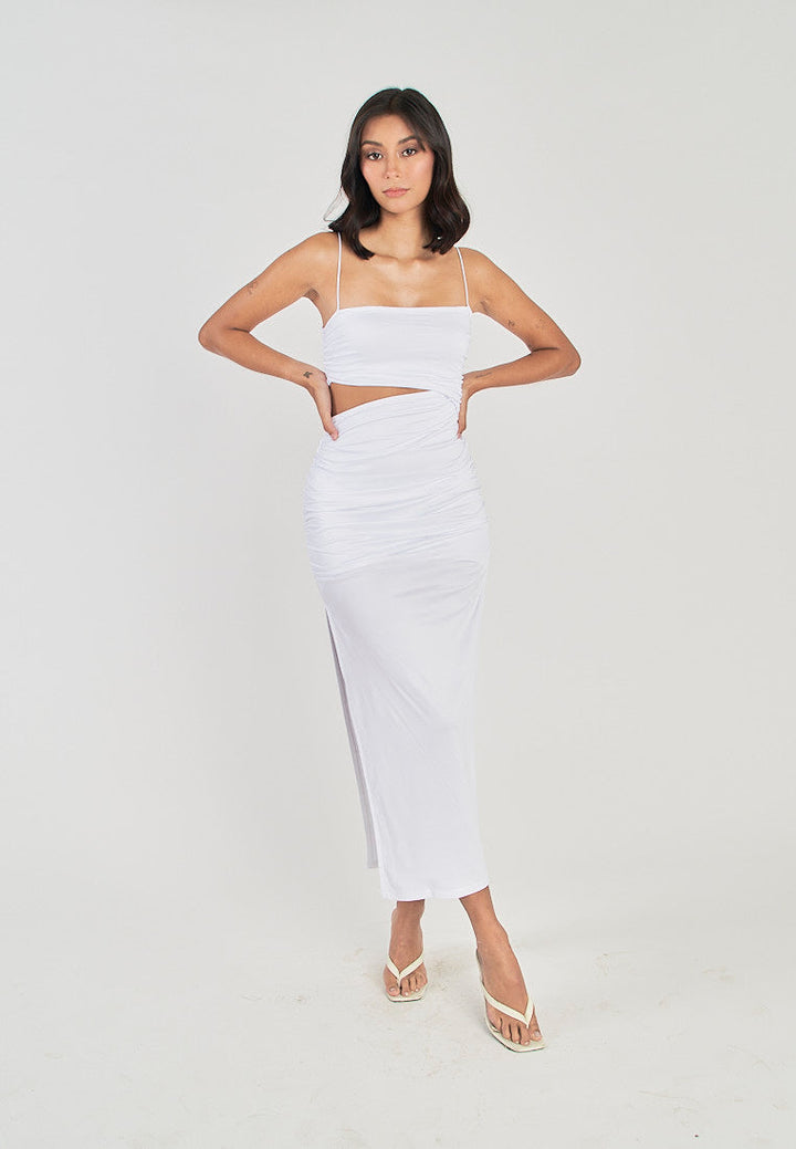 Perri White Asymmetrical neckline Single Waist Cut Bodycon Sleeveless Midi dress