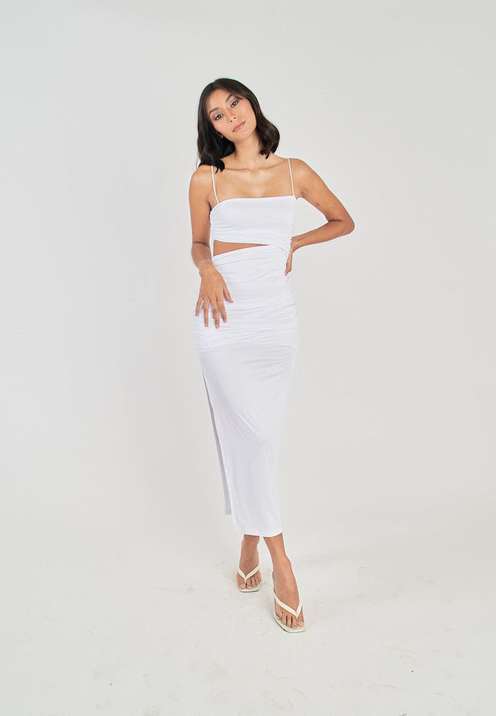 Perri White Asymmetrical neckline Single Waist Cut Bodycon Sleeveless Midi dress