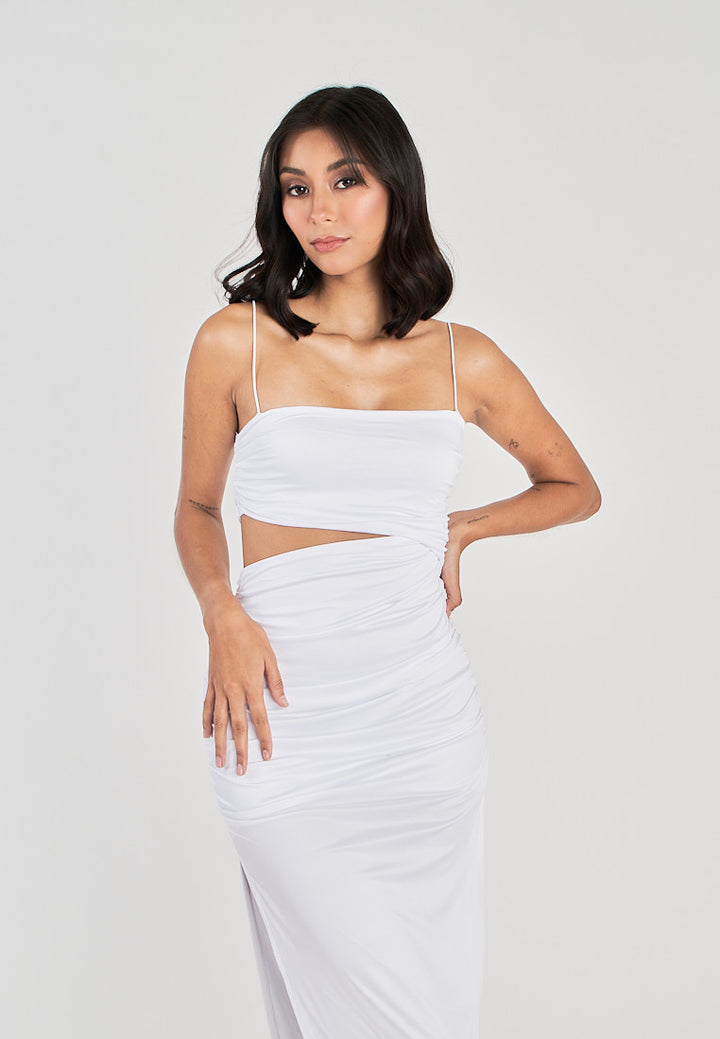 Perri White Asymmetrical neckline Single Waist Cut Bodycon Sleeveless Midi dress