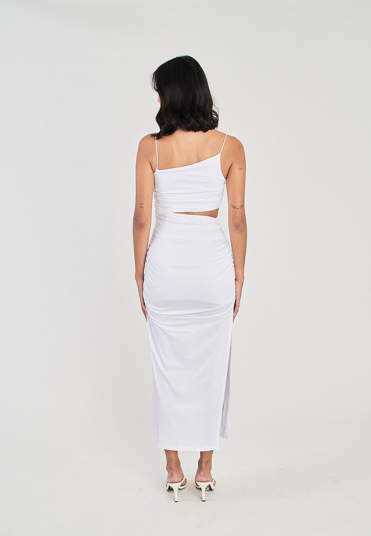 Perri White Asymmetrical neckline Single Waist Cut Bodycon Sleeveless Midi dress
