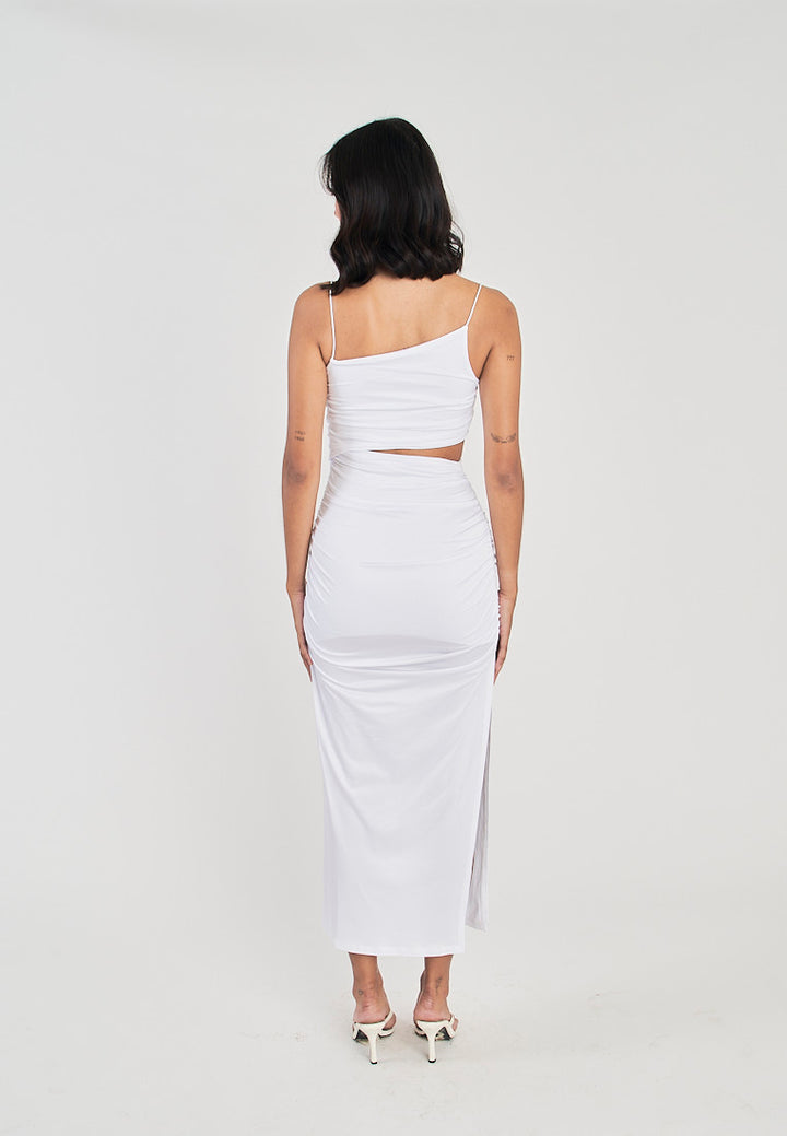 Perri White Asymmetrical neckline Single Waist Cut Bodycon Sleeveless Midi dress