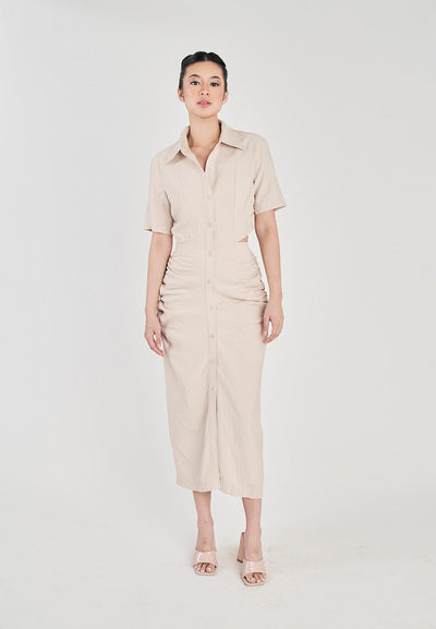 Lenard Beige Collared Buttondown Short Sleeves Hollow Out Waist Ruch Side Midi Dress