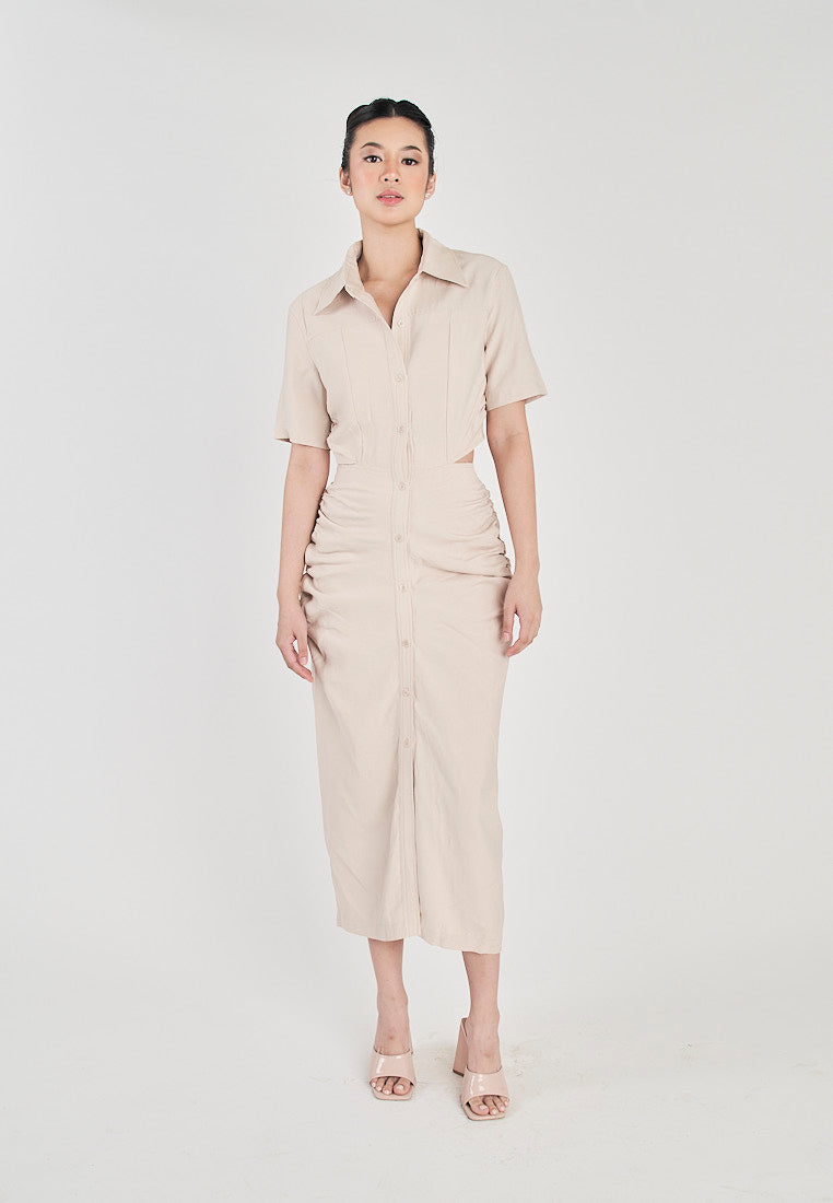 Lenard Beige Collared Buttondown Short Sleeves Hollow Out Waist Ruch Side Midi Dress