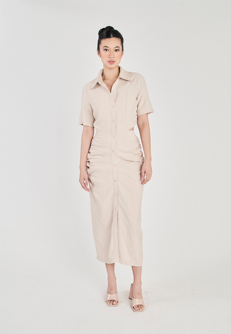 Lenard Beige Collared Buttondown Short Sleeves Hollow Out Waist Ruch Side Midi Dress